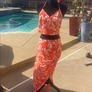 Floral Orange Wrap Skirt Set